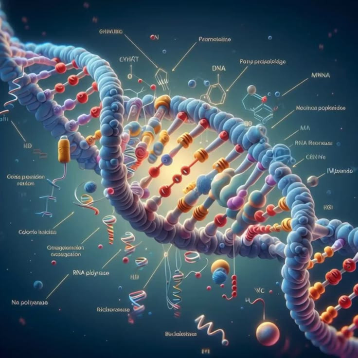 Ilustración científica de la doble hélice del ADN, mostrando las cadenas entrelazadas con sus bases nitrogenadas y componentes químicos, representando la estructura molecular del material genético.